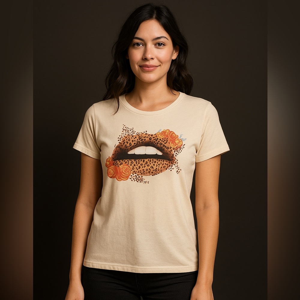 Guess Los Angeles Women Cream Lips Leopard Print Graphic Tee Short Sleeve Top XS